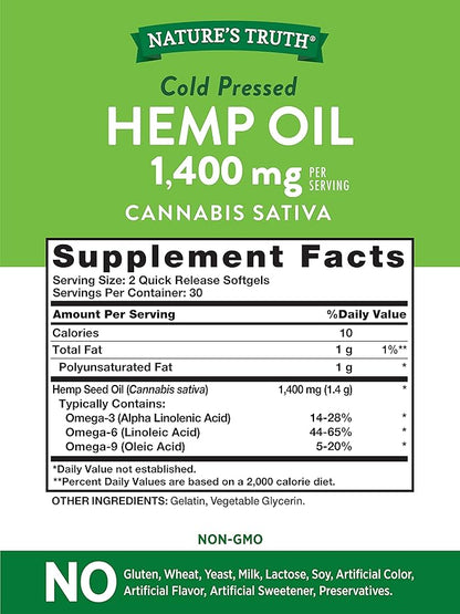 Nature's Truth Hemp Oil | 60 Softgels | 1400mg | Non-GMO & Gluten Free Supplement | Cold Pressed from Hemp Seeds