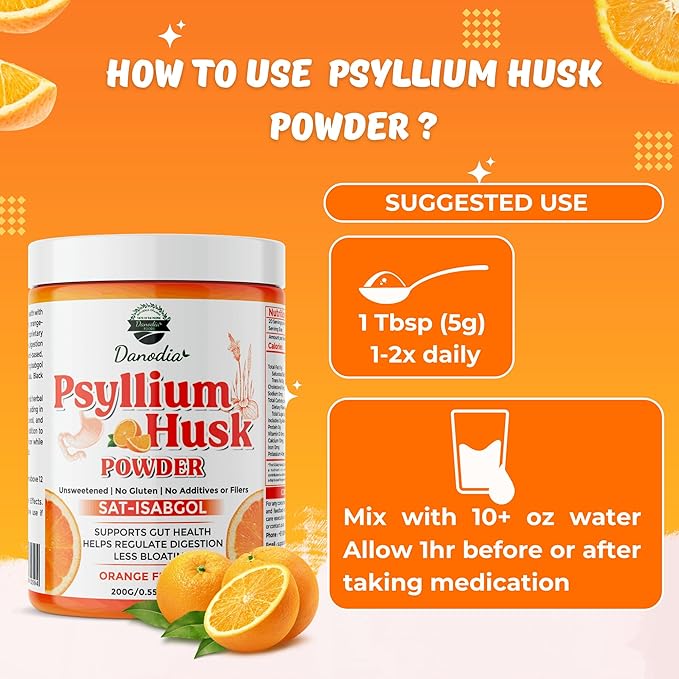 Danodia Foods Organic Psyllium Husk Powder Mild Orange Flavor, 200g (8.8oz) | Sat-Isabgol with 5 Added Herbs | Unsweetened, Gluten-Free, Natural Fiber Supplement for Digestive Health