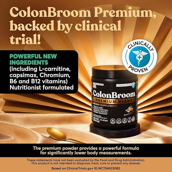 ColonBroom Premium Powder Supplement (Strawberry) - Colon Broom Psyllium Husk Fiber Powder Drink - Gluten Free, Non-GMO Colon Cleanse for Bloating Relief & Gut Health, 50 Servings