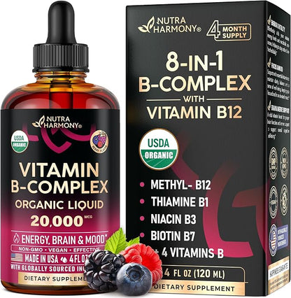USDA Organic Vitamin B-Complex B5 Pantothenic Acid | B12 Methylcobalamin | B1 Thiamine | B6 Pyridoxine | B7 Biotin | B9 Folic | B3 Niacinamide - B Complex Liquid Drops, Made in USA Supplement, 4fl oz