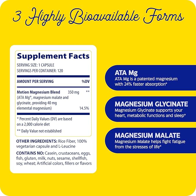 Enzymedica, Magnesium Motion with 3 Forms of Magnesium, ATA Mg, Glycinate, Malate, Soothes Occasional Aches, Supports Bones & Muscles, 120 Capsules