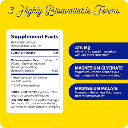 Enzymedica, Magnesium Motion with 3 Forms of Magnesium, ATA Mg, Glycinate, Malate, Soothes Occasional Aches, Supports Bones & Muscles, 120 Capsules