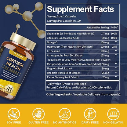 Cortisol Supplement with Ashwagandha,Magnesium,Rhodiola Rosea,L Theanine,Hormone Balance for Women Mood, Focus, Sleep Support 120 Vegan Capsules (Pack of 2)