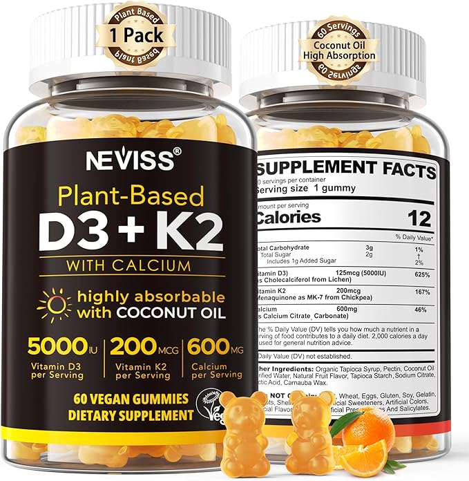 Vitamin D3 5000iu & K2( as MK7 ) 200mcg Gummies + 600mg Calcium, with Coconut Oil for High Absorption, Maximum Strength Vitamin D3 K2 Supplement - Support for Bones Muscle Teeth Immune, Vegan 60 Count