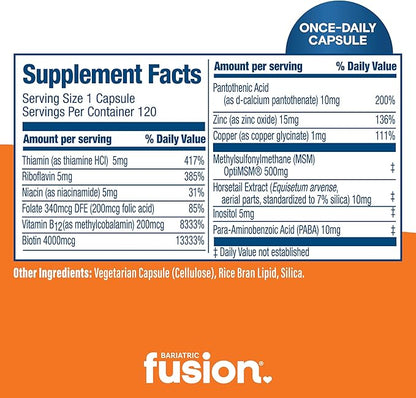 Bariatric Fusion ONE Per Day Bariatric Hair Skin and Nails Vitamins REJUVENATOR for Women | Vegan Hair Growth Vitamins with Biotin, Vitamin B12, and B1 | Easy to Swallow | 120 Capsules
