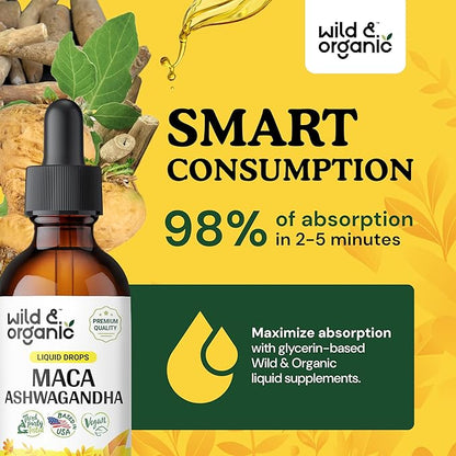 Wild & Organic Maca Ashwagandha Drops for Men and Women - Peruvian Maca Root and Ashwagandha Tincture for Overall Support - Vegan, Sugar & Alcohol-Free Extract Supplement - 2 fl oz