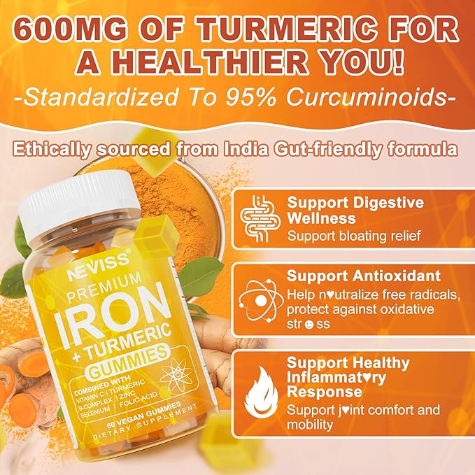 NEVISS Vegan Iron Gummies for Women & Men – Carbonyl Iron 25mg & Turmeric Extract 600mg with Vitamins C, A, B6, B12 & Folate Gummy Supplement for Energy, Immune & Red Blood Cell Support, 120Cts