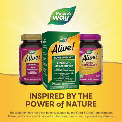 Nature's Way Alive! Calcium Max Absorption, Bone Support*, Plant Source Calcium, Vitamin D3 & K2, Magnesium, 120 Tablets (Packaging May Vary)
