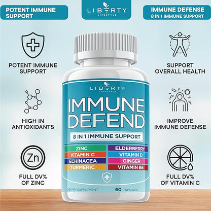 8 in 1 Immune Defense Support, Immunity Vitamins Supplement Booster with Zinc 50mg, Vitamin C Elderberry VIT D3 5000 IU, Turmeric Curcumin & Ginger, Echinacea - Allergy Relief for Kids Adults