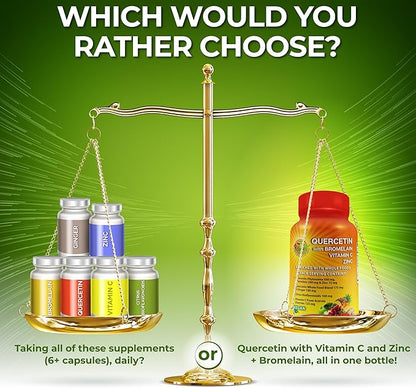 Quercetin with Bromelain Vitamin C and Zinc Enriched with Organic Whole Foods - 1215mg per Serving - Quercetin Phytosome 500mg Capsules with Ginger and Flavonoids for Immune Support - 180 count