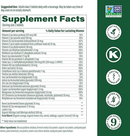 MegaFood Baby & Me 2 Postnatal Vitamins for Women Breastfeeding with Folate (Folic Acid Natural Form), Choline, Iodine, Vitamin D, Moringa Leaf and More - 120 Tabs (60 Servings)