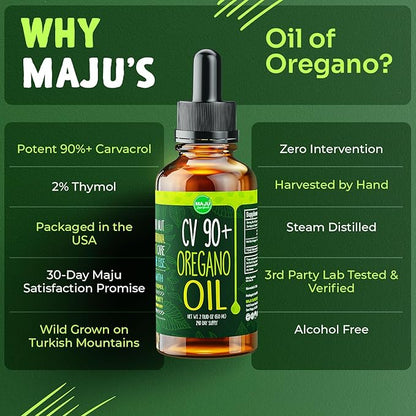 Maju Superfoods Oregano Oil Drops - Potent 90%+ Carvacrol (2 fl Oz) Wild Mediterranean Essential Oil of Oregano Liquid, Aceite de Oregano, Immune and Seasonal Support