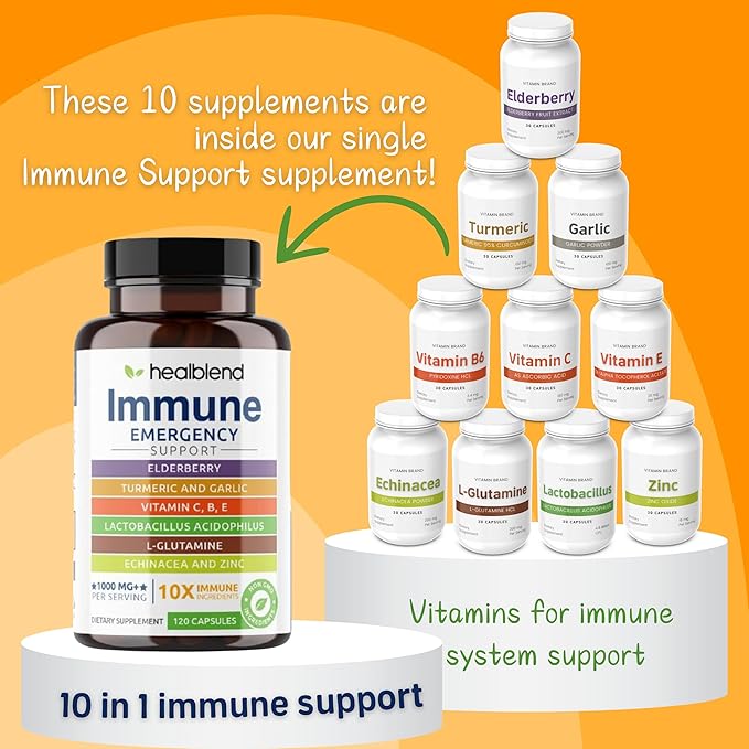 10 in 1 Immune Support Supplement Booster with Elderberry, Zinc, Echinacea, Turmeric, Lactobacillus Acidophilus, for Adults [120 Capsules]