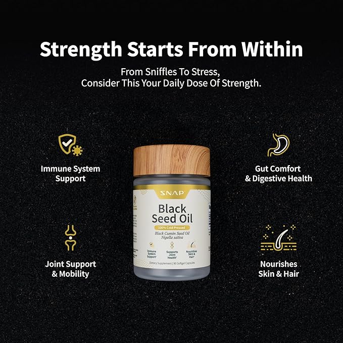 Black Seed Oil Capsules 100% Cold Pressed - Immune Support, Detox Aid, Inflammation Relief, Skin, Hair & Joint Health - Organic Black Cumin Seed, High Potency Nigella Sativa (90 Softgel Capsules)