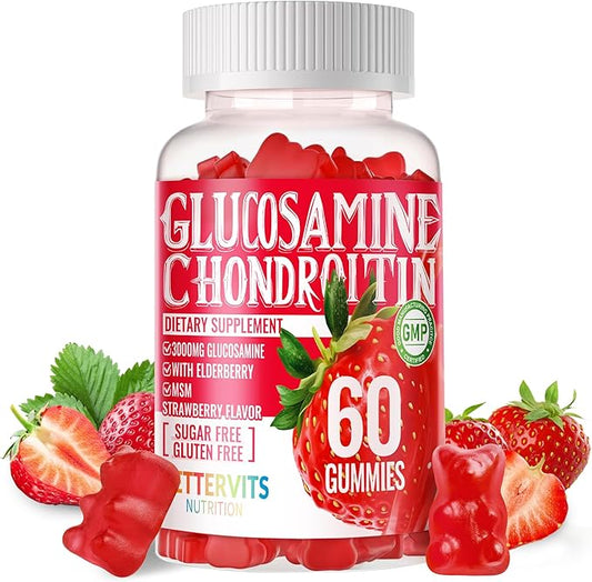 Glucosamine Chondroitin Gummies with MSM & Elderberry Extra Strength - Joint Support, Antioxidant Immune Support Supplement for Adults, Men & Women.60 Strawberry Gummies