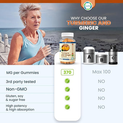 Turmeric and Ginger Gummies Supplement, Organic Turmeric Curcumin,95% Curcuminoids 5% Gingerols Root, Joint Health & Inflammation Support with Black Pepper Extract, Peach Flavor, USA Made -60 Count