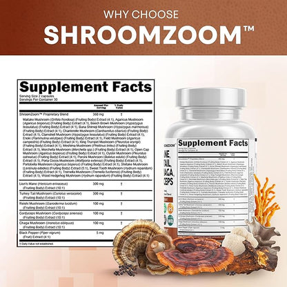 Clean Nutraceuticals Lions Mane 20in1 Mushroom Supplement with Turkey Tail Reishi Cordyceps Chaga Maitake Meshima Poria Cocos Shiitake Oyster Porcini Enoki - Pack