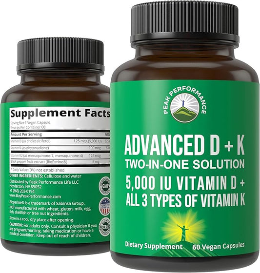 Peak Performance Advanced Vitamin D 5000 IU with All 3 Types of Vitamin K Vitamin D3 and Vitamin K2, K1, MK-7 (MK7), MK4 Supplement. 60 Small and Easy to Swallow Vegetable Pills (5000 IU)