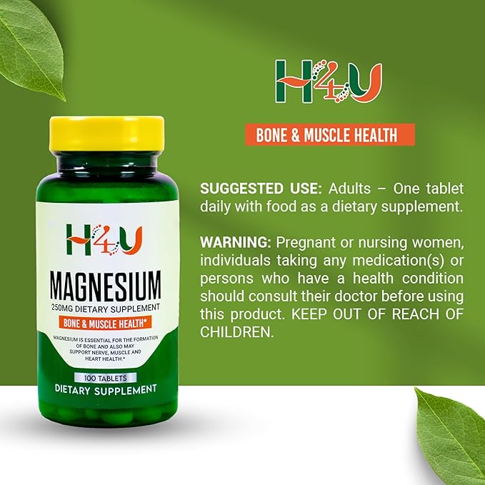 H4U - 4 TOP CARE Magnesium Bone & Muscle Health Dietary Supplement Tablets, 250 mg, 100 Count