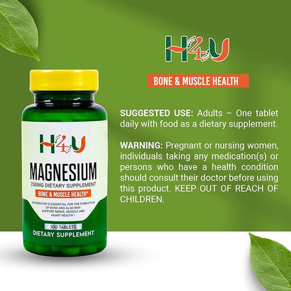 H4U - 4 TOP CARE Magnesium Bone & Muscle Health Dietary Supplement Tablets, 250 mg, 100 Count
