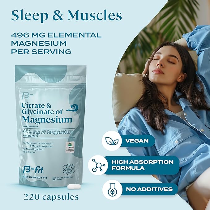 Magnesium Glycinate & Citrate - 220 Capsules - Magnesium Supplement - 496 mg Elemental Magnesium - Supports Sleep and Muscle Recovery - Vegan - High Absorption Formula - 2 Month Supply