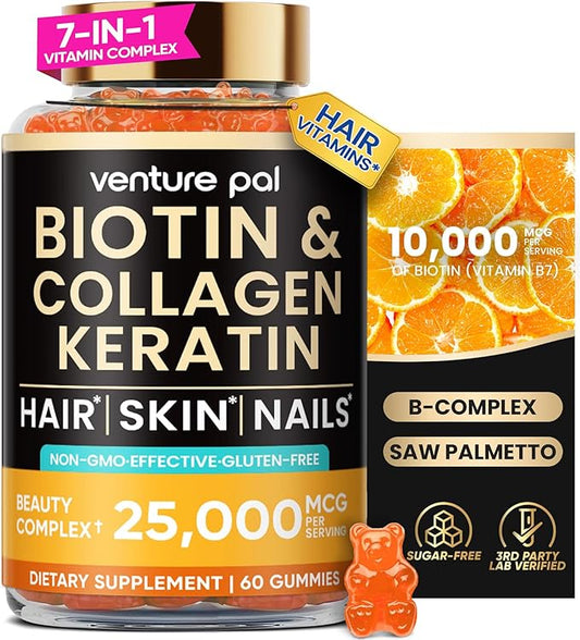 Venture Pal Biotin Gummies with Collagen & Keratin - Hair Growth Support Skin and Nail Strength Vitamins for Women & Men - Biotin 10000mcg | B-Complex | Saw Palmetto - Sugar Free, Non-GMO, 60ct
