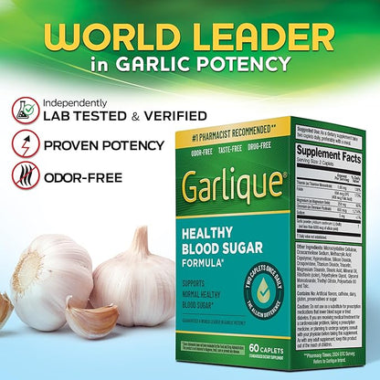 Garlique Garlic Extract Supplement, Healthy Blood Sugar Formula, 6000 mcg allicin, Odorless & Vegan, 60 Caplets