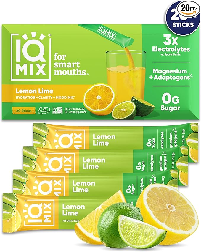 IQMIX Hydration Electrolyte Powder – 4-in-1 Formula for Hydration, Mental Clarity, Mood and Recovery – Sugar-Free Drink Mix, Keto, Magnesium L-Threonate, Lion’s Mane – 20 Count Lemon Lime