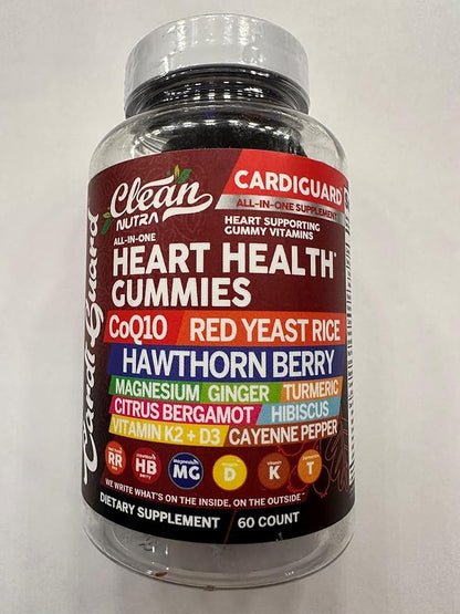Clean Nutraceuticals Coq10 Gummies | Red Yeast Rice Hawthorn Berry Ginger Turmeric Citrus Bergamot Hibiscus Vitamin K2+D3 Magnesium Glycinate Cayenne Pepper Fenugreek Orange Flavor CardiGuard