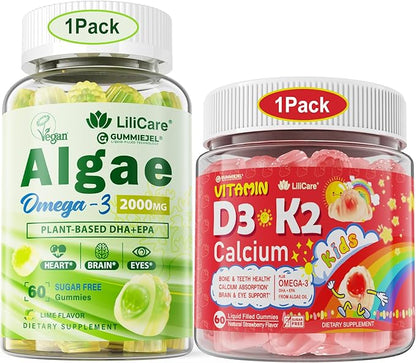 Bundle Vegan Omega 3 Supplement Gummies + Kids Vitamin D3 K2 Filled Gummies