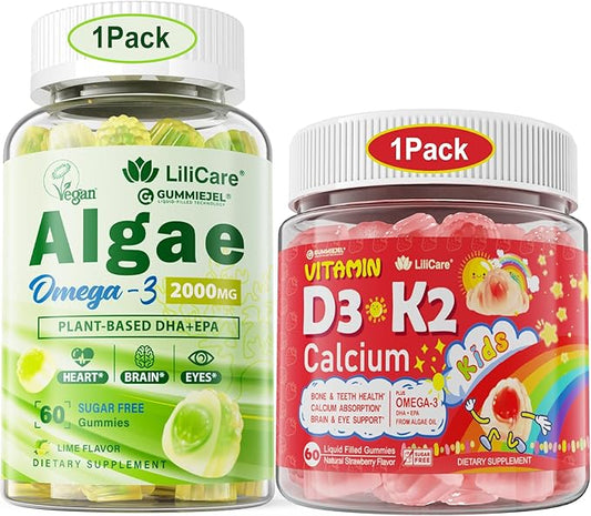 Bundle Vegan Omega 3 Supplement Gummies + Kids Vitamin D3 K2 Filled Gummies