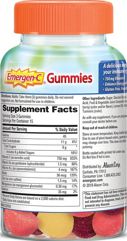 Emergen-C 750mg Vitamin C Gummies for Adults, Immune Support Gummies, Gluten Free, Strawberry, Lemon and Blueberry Flavors - 45 Count