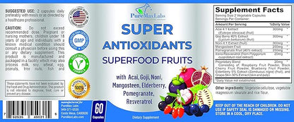 Super Antioxidant Fruit Superfood Complex - Powerful Antioxidant Superfruits, Acai, Goji, Noni, Mangosteen, Pomegranate, Elderberry, Resveratrol, Immune Support, Skin Care - 60 Capsules