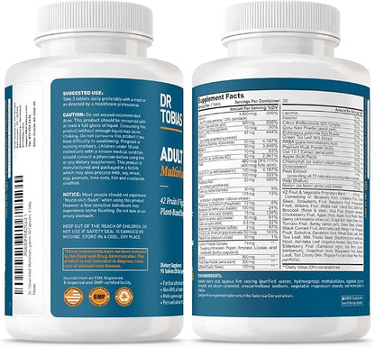Dr. Tobias Adult Multivitamin for Women & Men, Immune Supporting Vitamins from 42 Fruits, Vegetables, Plus Probiotics, Vegan Multivitamins for Men & Women, Non-GMO, 90 Tablets, 30 Servings
