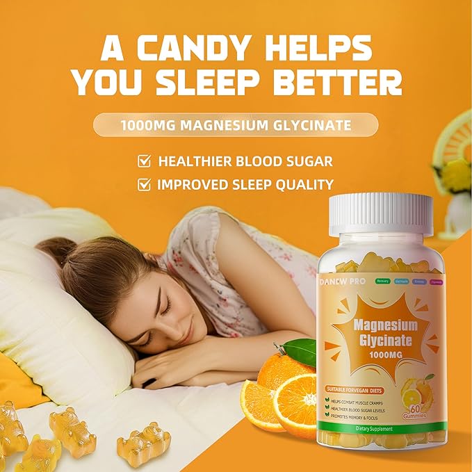 Magnesium Glycinate Gummies 1000mg - Sugar Free Magnesium Potassium Supplement with Vitamin D, B6, CoQ10 for Calm Mood & Sleep Support - 60 Orange Gummies