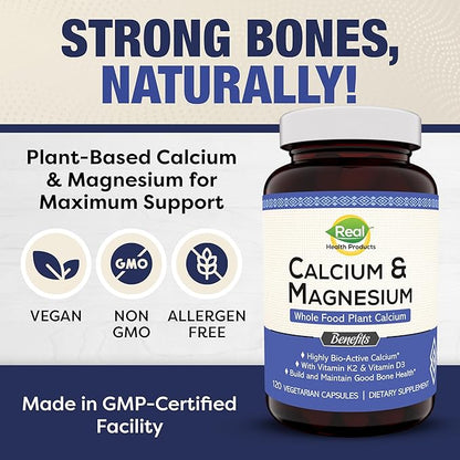 Plant-Based Calcium Magnesium Supplement with Boron, Vitamin D3 & K2 MK-7 - Optimal Calcium-Magnesium Ratio for Bone Strength and Health, Vegan, Non-GMO, Allergen-Free, 120 Capsules