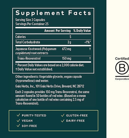 Gaia Herbs Resveratrol 150 - Beauty & Radiance Antioxidant Support Supplement - Made with Japanese Knotweed - Contains 150 mg Trans-Resveratrol per Serving - 50 Liquid Phyto-Capsules (25-Day Supply)