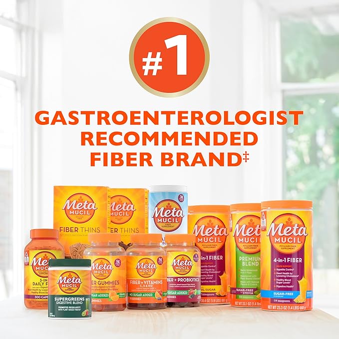 Metamucil 4 in 1 Daily Fiber Supplement Powder, Fiber Powder for Digestive Health and Regularity*, Sugar-Free, Orange, Naturally Sourced Psyllium Fiber, 114 teaspoons