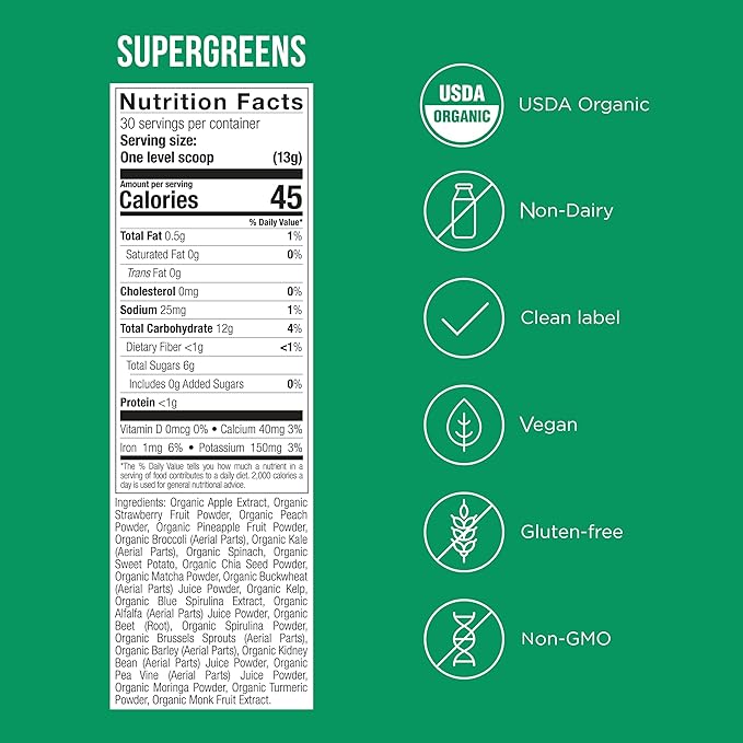 Possible SuperGreens - Superfoods Powder Mix with 23 Whole Food Ingredients - Vegan, Organic, Plant-Based Wellness - Gluten-Free, USDA Organic - Clean Label - 1 Bag, 30 Servings