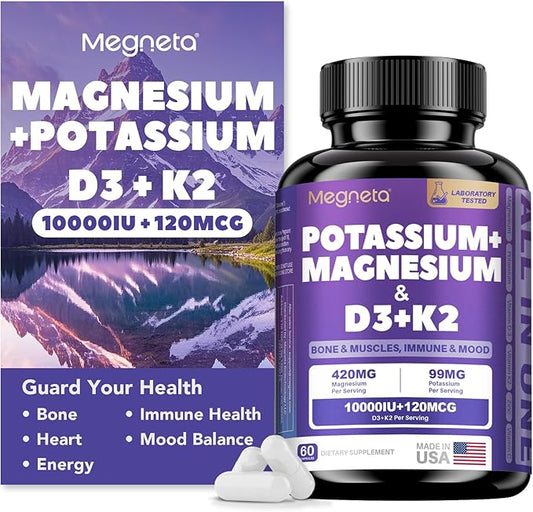 Magnesium Potassium Vitamin D3 K2 10000IU+120MCG Supplement - Supports Bone, Heart, Immune Health, Mood Balance & Energy for Women & Men - Enhanced Absorption, Non-GMO - 60 Capsules