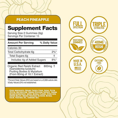 Troomy Reishi Calm Gummies Natural Pineapple Peach Flavor, Gelatin-Free, Gluten-Free, and Vegetarian - 30 Count