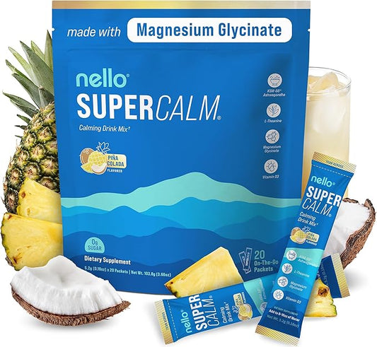 Supercalm Drink Mix - Ashwagandha KSM 66, Magnesium Glycinate & L-Theanine Supplement - Ashwagandha Root Extract - Focus and Relaxation Support (20 Travel Packets) - Pina Colada