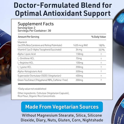 SOD Antioxidants Complex Healthy Aging Supplement - 400mg of Superoxide Dismutase - Alpha Lipoic Acid - L-Arginine -Lysine - AKG - Vitamin A - Vitamin E for Immune Support-60 Capsules