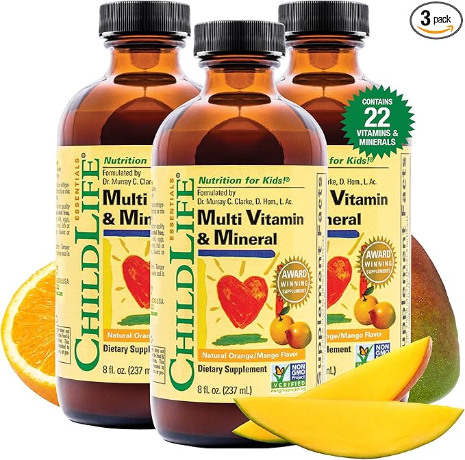 CHILDLIFE ESSENTIALS Kids Multivitamin & Mineral - Kids Vitamins, Liquid Multivitamin for Kids, Toddler Multivitamins, Liquid Vitamins, Baby Multivitamin - Natural Orange & Mango, 8 Fl Oz (Pack of 3)