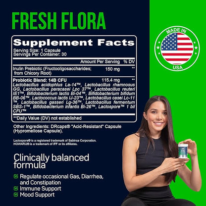 Fresh Flora - Probiotics & Prebiotics For Women and Men - 15 Billion CFU - Lactobacillus Lactospore - Howaru Strengthens Immunity - Digestive & Gut Health - Gas & Bloating Relief - 30 Veggie Capsules