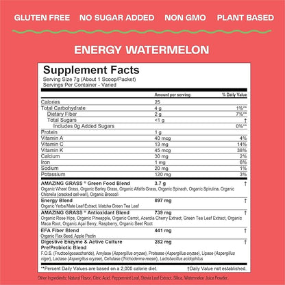 Amazing Grass Greens Blend Energy: Smoothie Mix, Super Greens Powder & Plant Based Caffeine with Matcha Green Tea & Beet Root Powder, Watermelon, 30 Servings (Packaging May Vary)