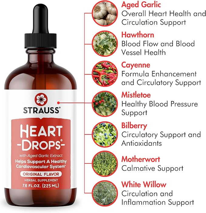 Strauss Naturals Heart Drops – Natural Mistletoe & Aged Garlic Extract Heart Health Supplement – Helps Maintain Healthy Cardiovascular System – Vegan & Non-GMO – 100 ml Bottle