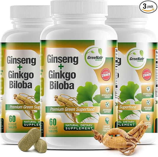 Ginko Biloba & Panax Ginseng Supplement - Red Ginseng Brain Supplement for Memory and Focus - Ginkgo Biloba Supplements for Good Vision, Immune System and Improved Blood Flow - 3 Bottles