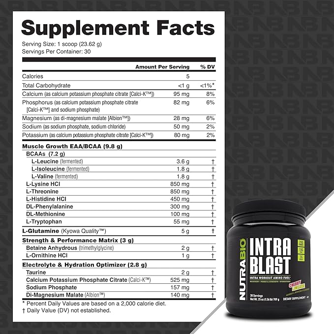 NutraBio Intra Blast Bcaa Powder Amino Acid Supplement, Electrolyte & Hydration Blend, Intra, Pre Workout & Muscle Recovery, 20g Eaa Amino Acids Powder, 5g Glutamine- Cherry Limeade, 30 Serving