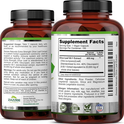Zazzee Extra Strength Olive Leaf 50:1 Extract, 20,000 mg Strength, 40% Oleuropein, 150 Vegan Capsules, 5 Month Supply, Concentrated and Standardized 50X Extract, 100% Vegetarian, Non-GMO, All-Natural